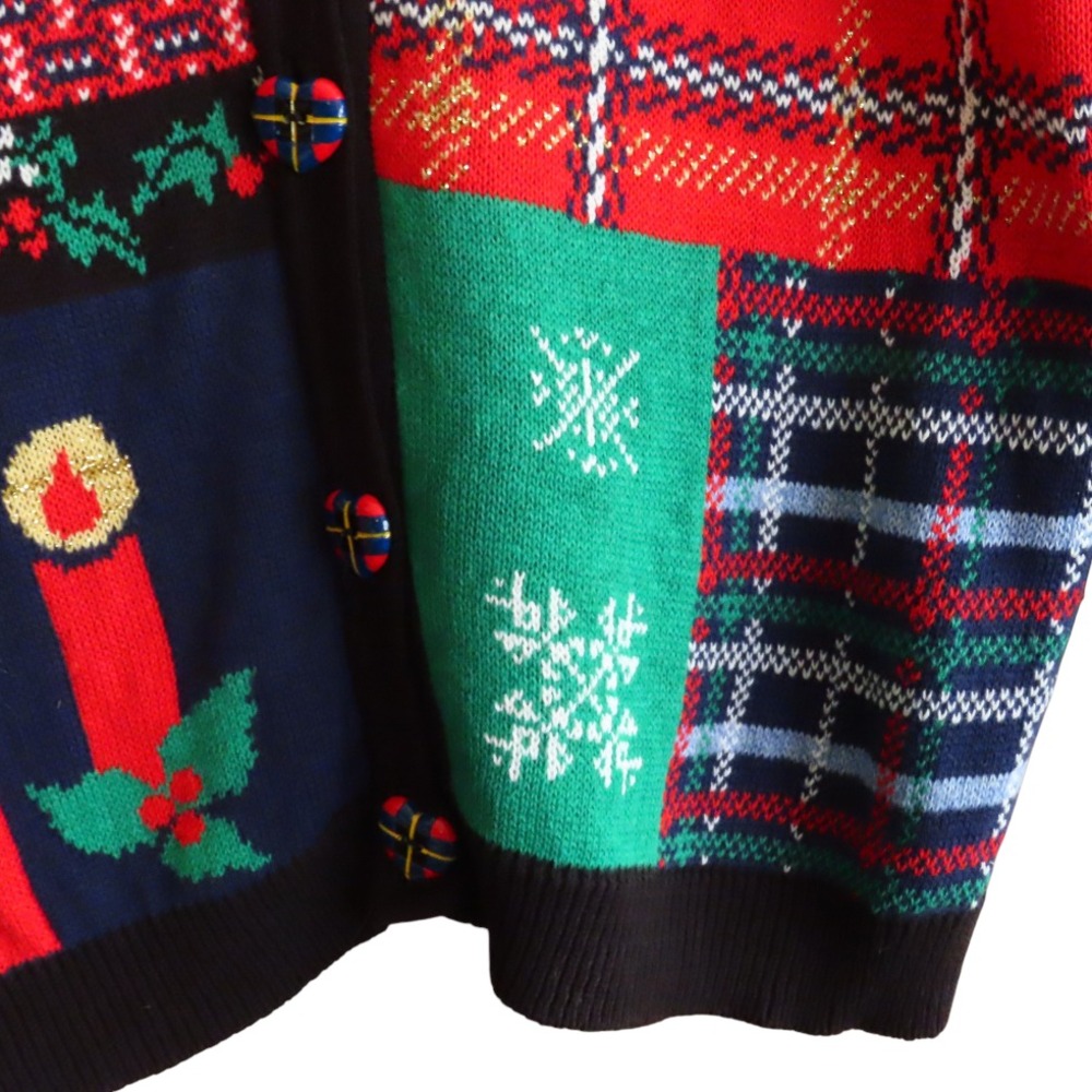 VTG SWEATER LOFT Christmas Cardigan COLORBLOCK PLAID SANTA Heart Buttons SIZE L - Picture 3 of 7